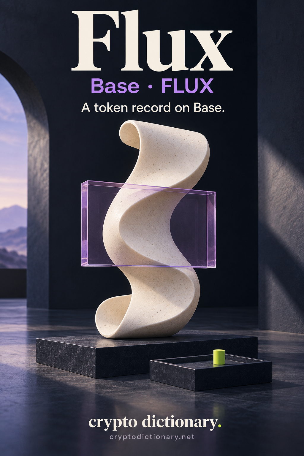 An ivory flowing curved specimen inside a lilac archival window with navy tray and lime locator peg, labelled Flux, Base and FLUX.