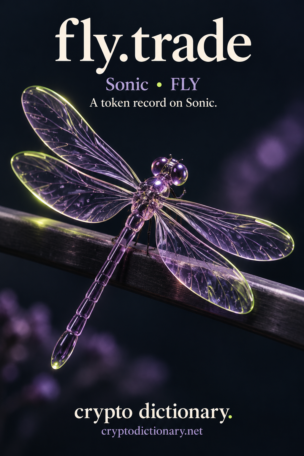 A lilac glass dragonfly with finely etched wings perches on a dark metal bar, labeled fly.trade, Sonic and FLY.