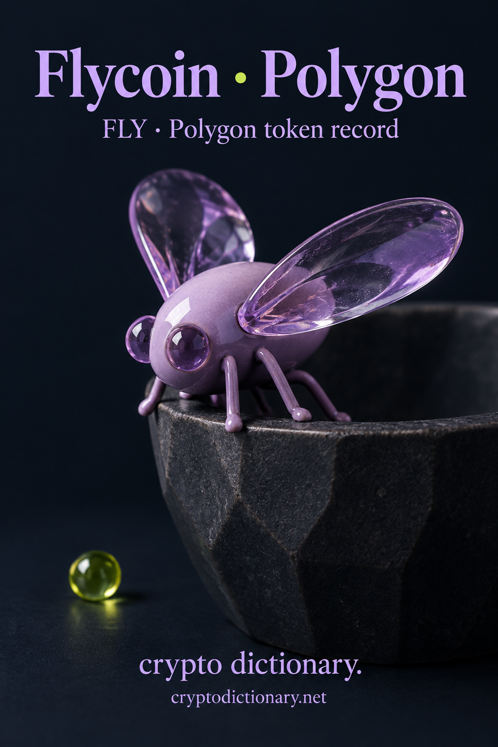 Own ceramic fly sculpture with translucent lilac glass wings perches on a dark faceted stone cup beneath Flycoin · Polygon.