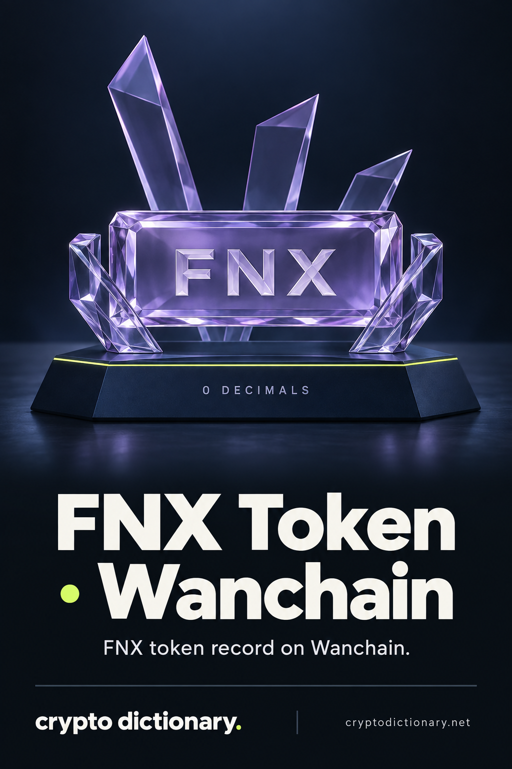 An FNX lilac registry specimen in an open glass mount with three blank fins, titled FNX Token · Wanchain and 0 decimals.