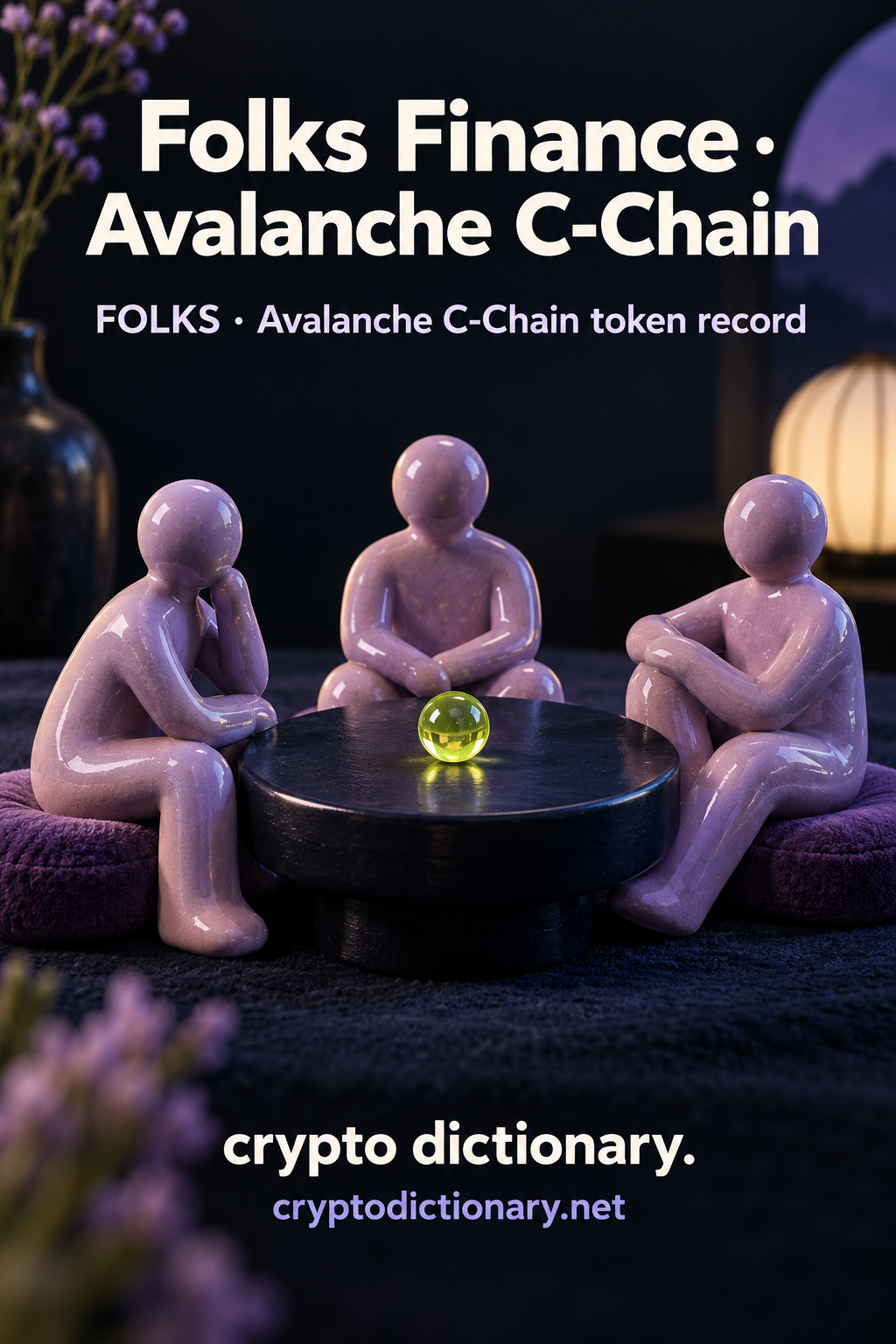 Three lilac ceramic people sit around a plain navy round table with a lime bead; Folks Finance · Avalanche C-Chain registry artwork.