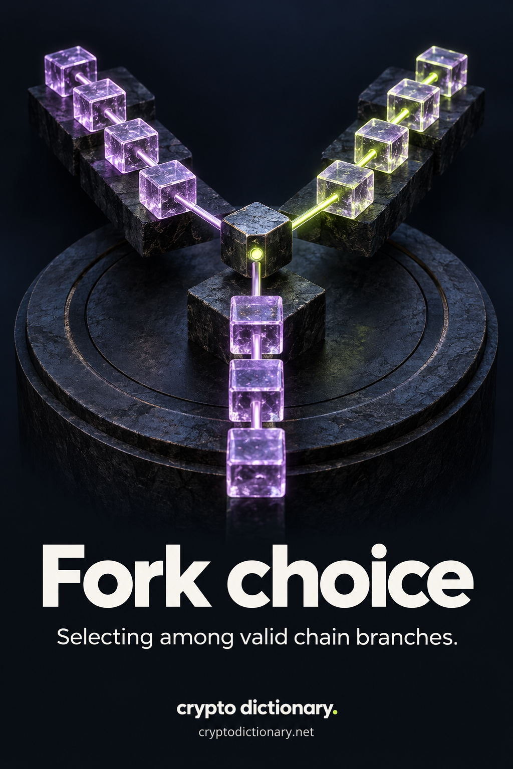 Fork choice: a node highlights one of two valid comparable branches after their common chain history.
