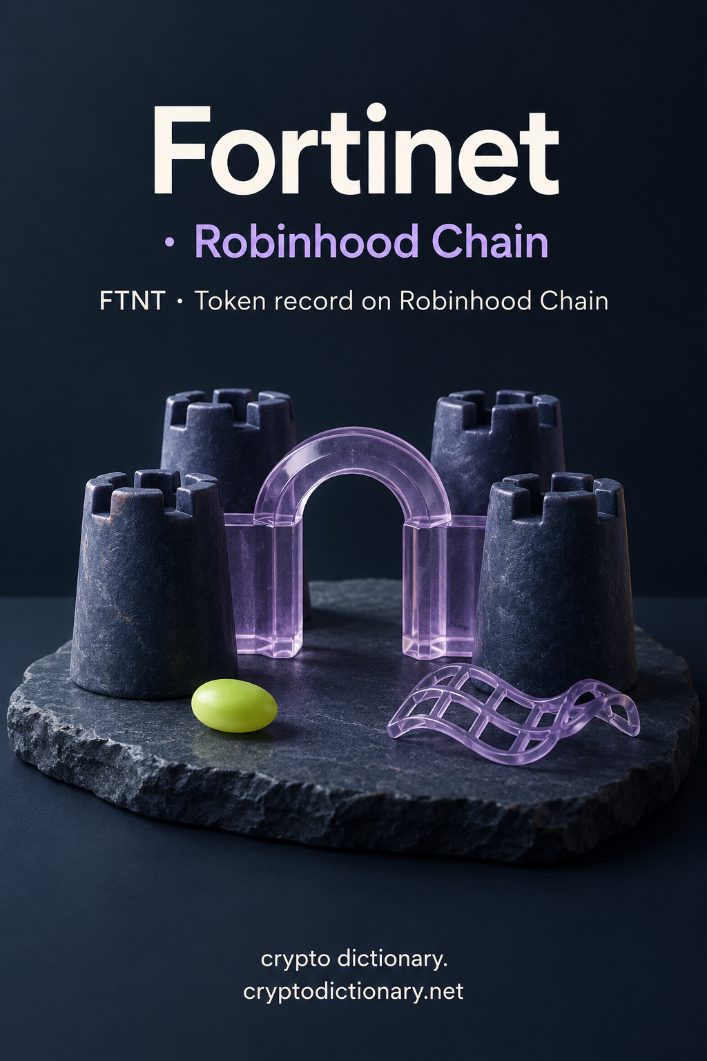 Fortinet on Robinhood Chain registry illustration with decorative miniature stone turrets and loose glass lattice.