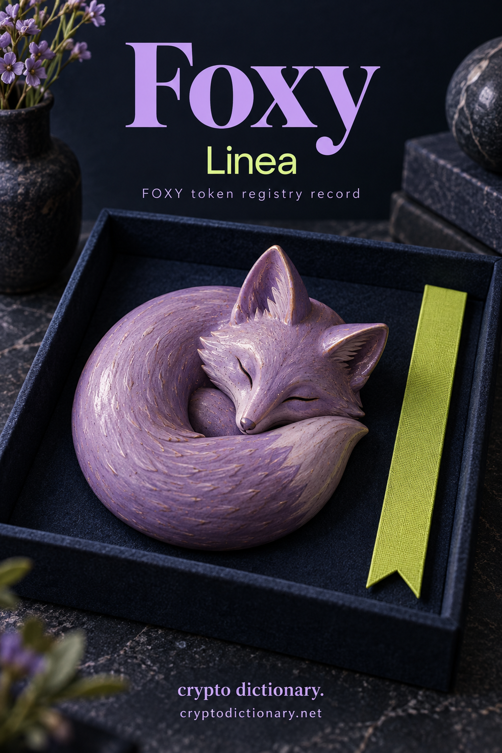 Foxy on Linea: a curled lilac ceramic fox in a navy archive tray beside a lime bookmark.
