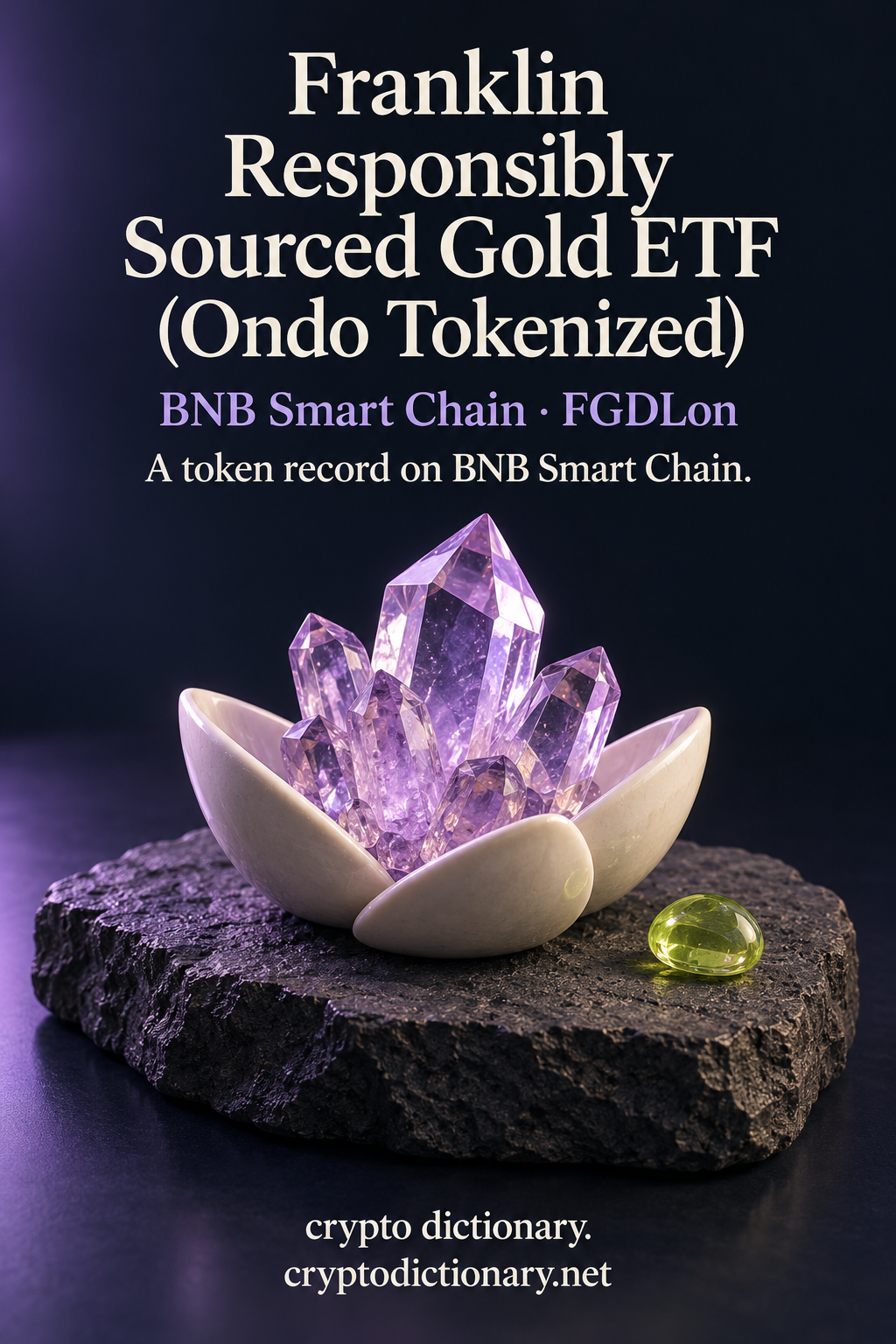 Franklin Responsibly Sourced Gold ETF (Ondo Tokenized) token record on BNB Smart Chain, illustrated by decorative lilac glass crystals in a three-petal ivory tray.