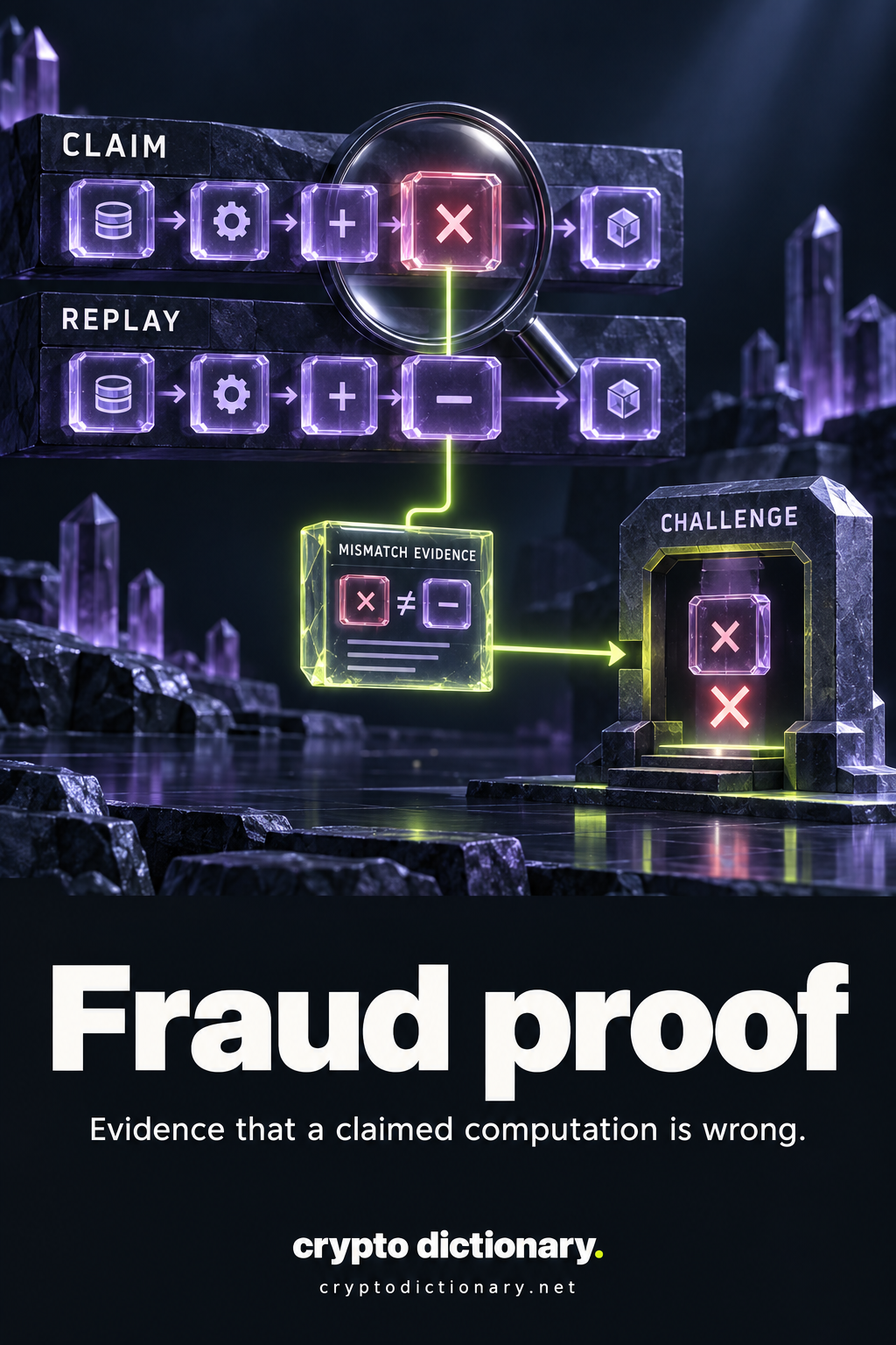 A comparison of claim and replay traces isolates one mismatching step and submits its evidence to a challenge verifier.