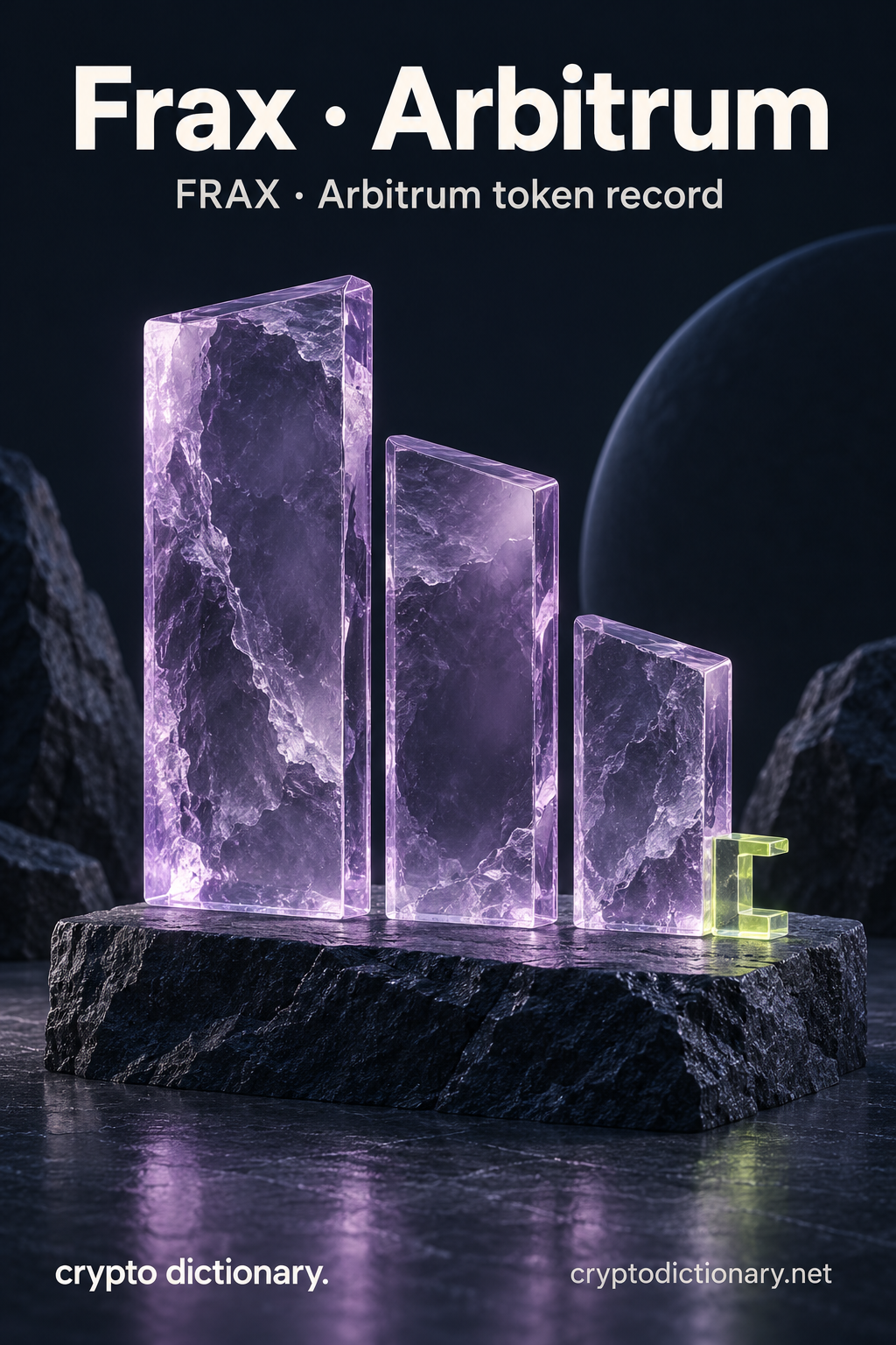 Frax · Arbitrum — original lilac glass name-inspired sculpture with accurate FRAX token record caption.