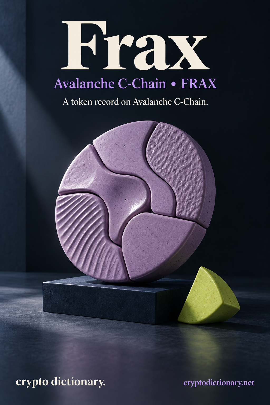 Frax registry illustration on Avalanche C-Chain showing an original lilac segmented ceramic disk sculpture and a lime wedge on a navy low gallery stand.