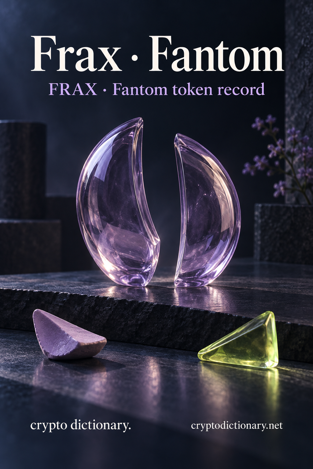 Two separated clear lilac glass ovoid segments with a lilac ceramic fragment and lime glass wedge rest on navy stone, below Frax · Fantom and FRAX token-record caption.