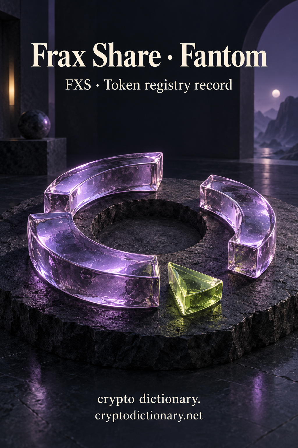Frax Share on Fantom illustrated by an original separated lilac glass ring sculpture around dark stone with a lime wedge, with neutral FXS registry caption.