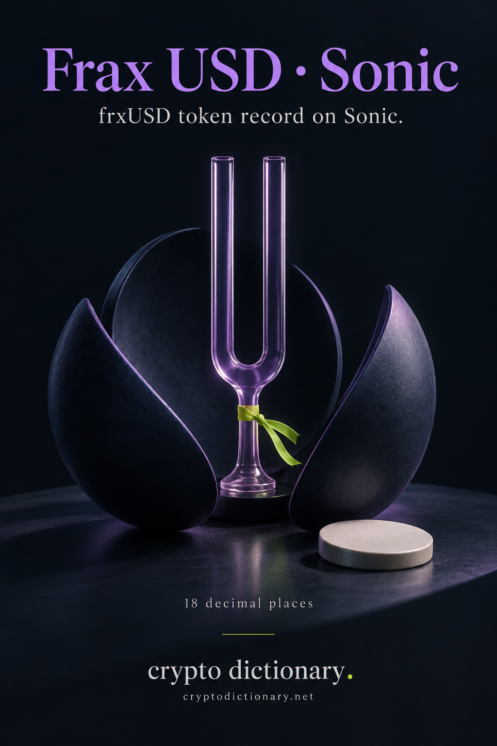 Frax USD on Sonic registry art with a lilac tuning fork between navy shells.