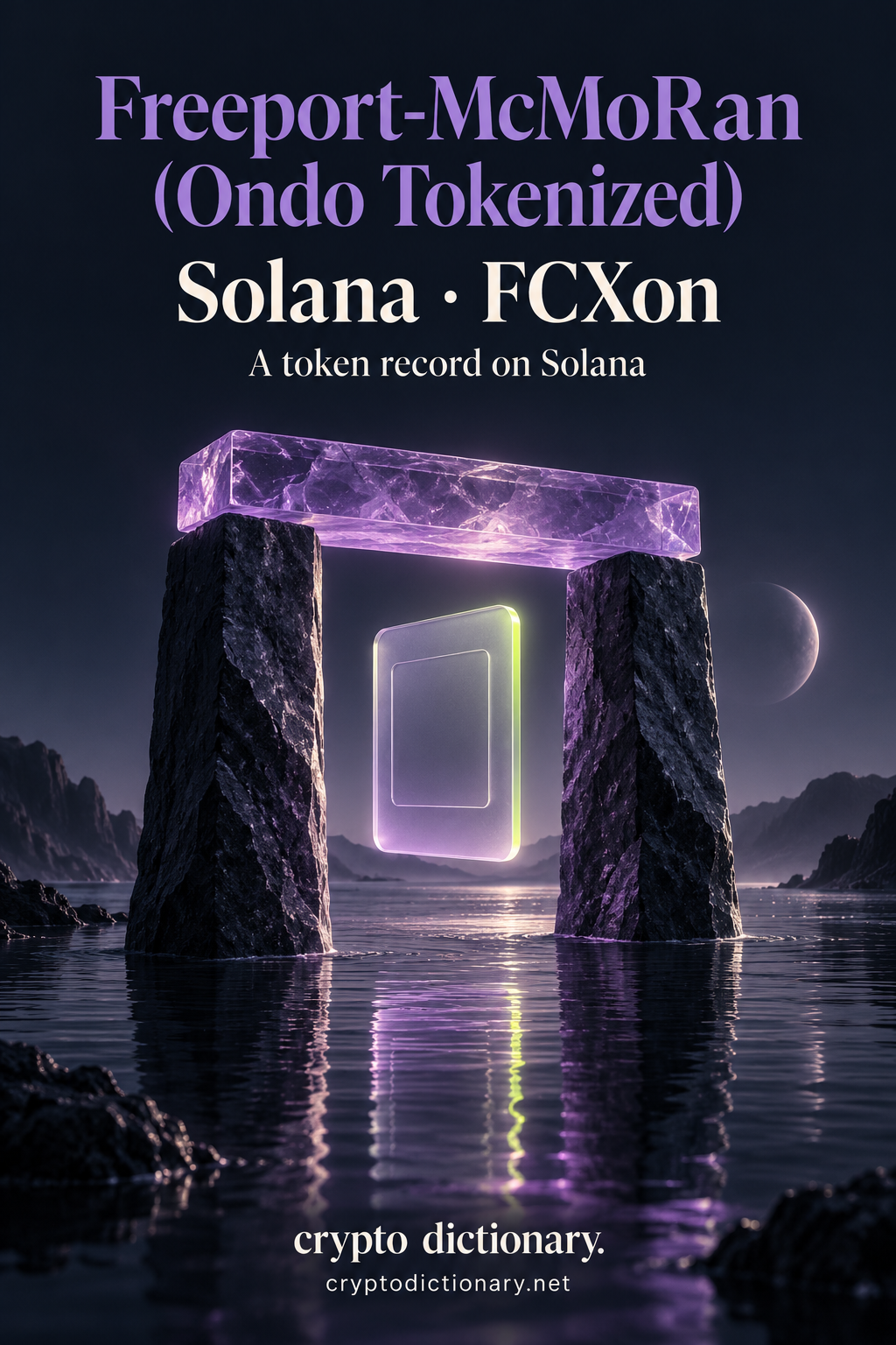 Freeport-McMoRan (Ondo Tokenized), Solana · FCXon, above a lilac glass harbor gate and a blank floating registry tab reflected on dark water, with Crypto Dictionary footer.