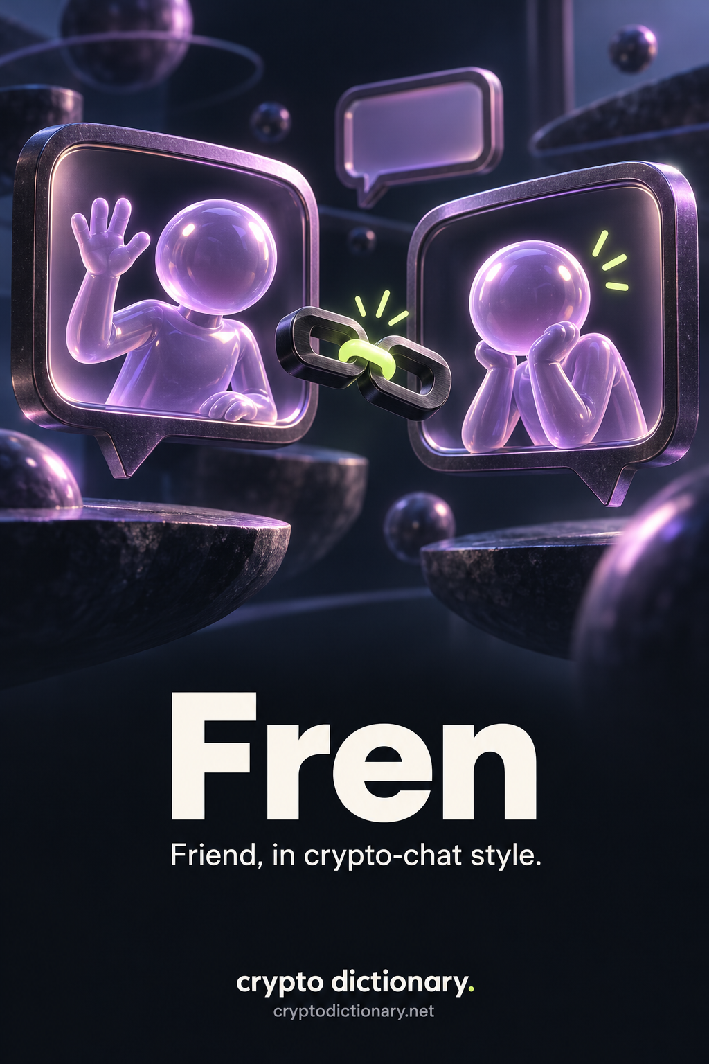 Two anonymous lilac-glass figures in speech-bubble windows, one waving and one understanding a lime connector between chain links.