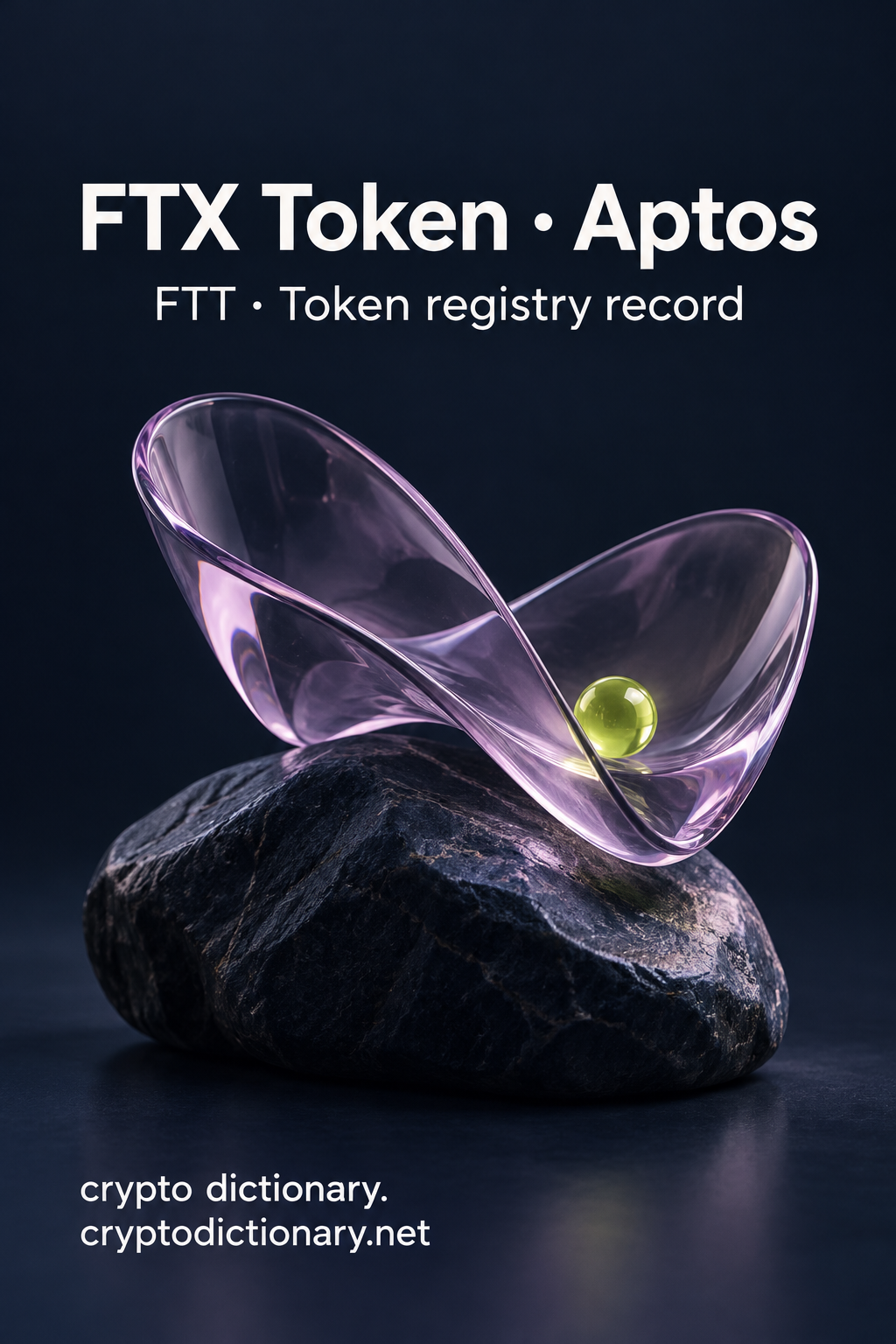 FTX Token on Aptos: crossed organic lilac glass folds over a dark irregular stone, holding a lime bead.