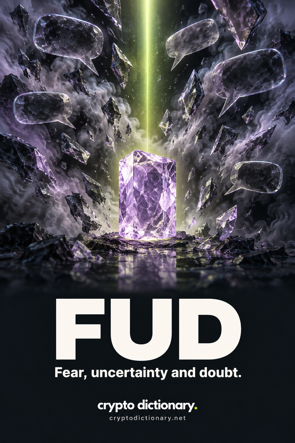 FUD: an intact lilac crystal surrounded by smoky glass speech shapes. Text: Fear, uncertainty and doubt.