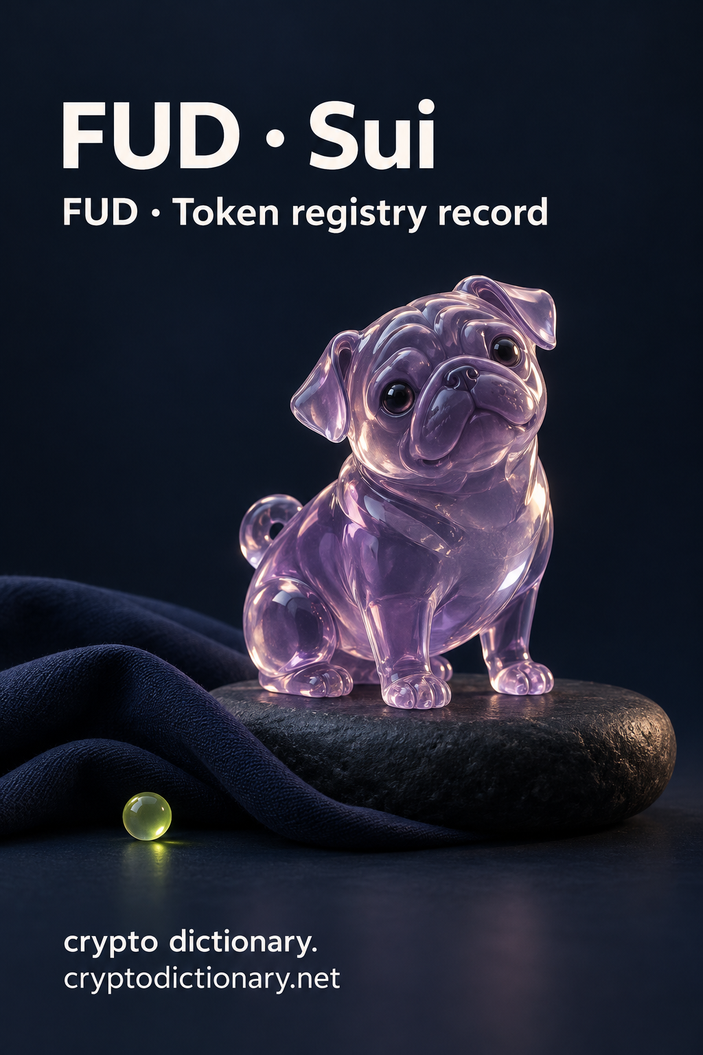 FUD on Sui: an original lilac glass pug sculpture on a dark oval stone, beside navy fabric and a small lime bead.