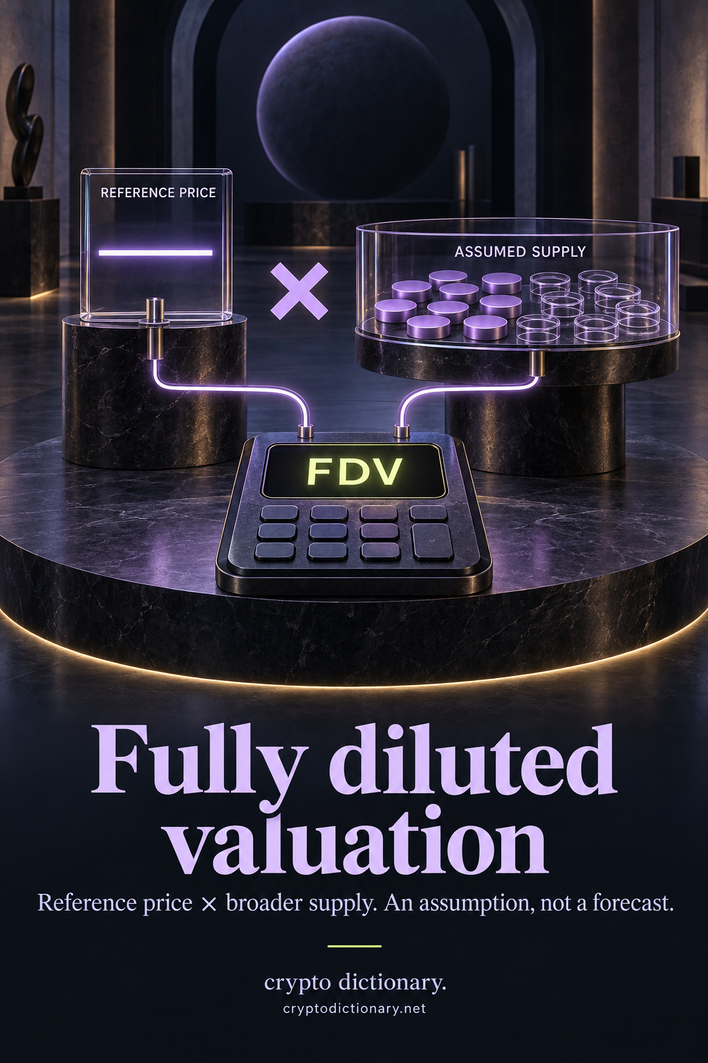 A constant reference-price display multiplied by a broader assumed-supply tray of solid and outlined units, feeding an FDV calculator.