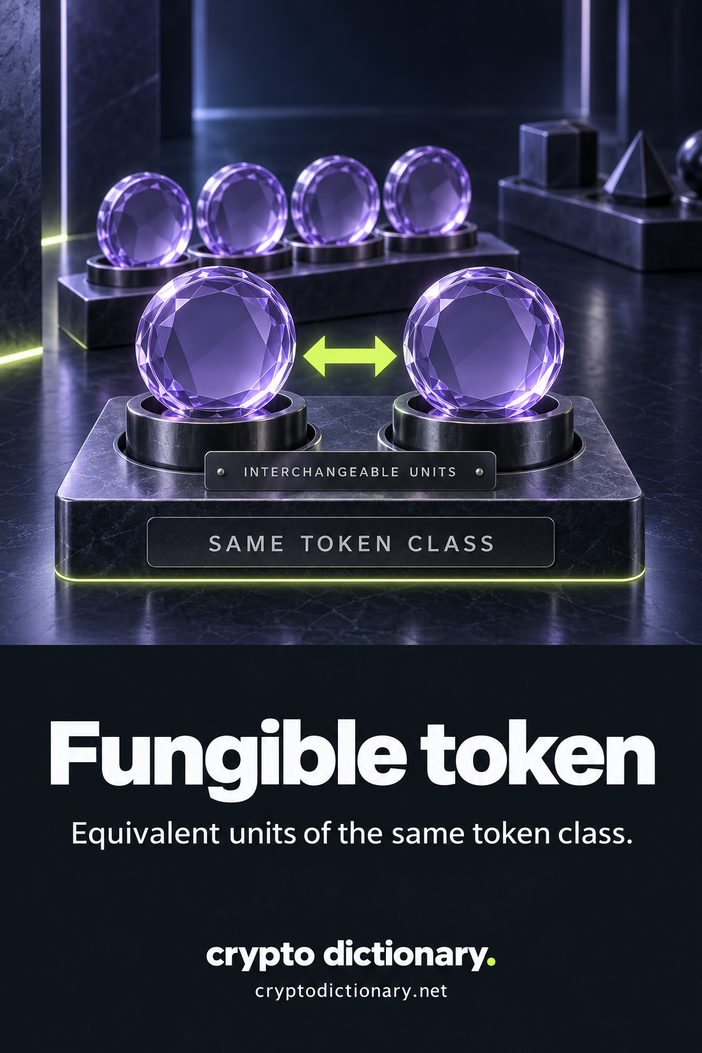 Two identical blank token units in matching sockets can replace one another within the same token class; differently shaped objects remain on an unconnected tray.