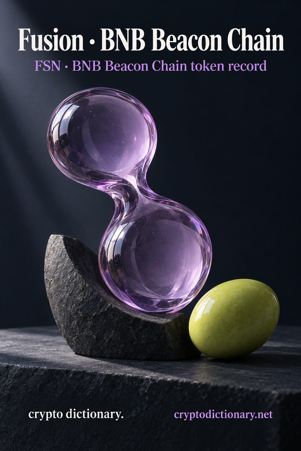 Two lilac glass bulbs fused into one asymmetric form lean on a stone saddle beside lime oval, beneath Fusion · BNB Beacon Chain and FSN caption.