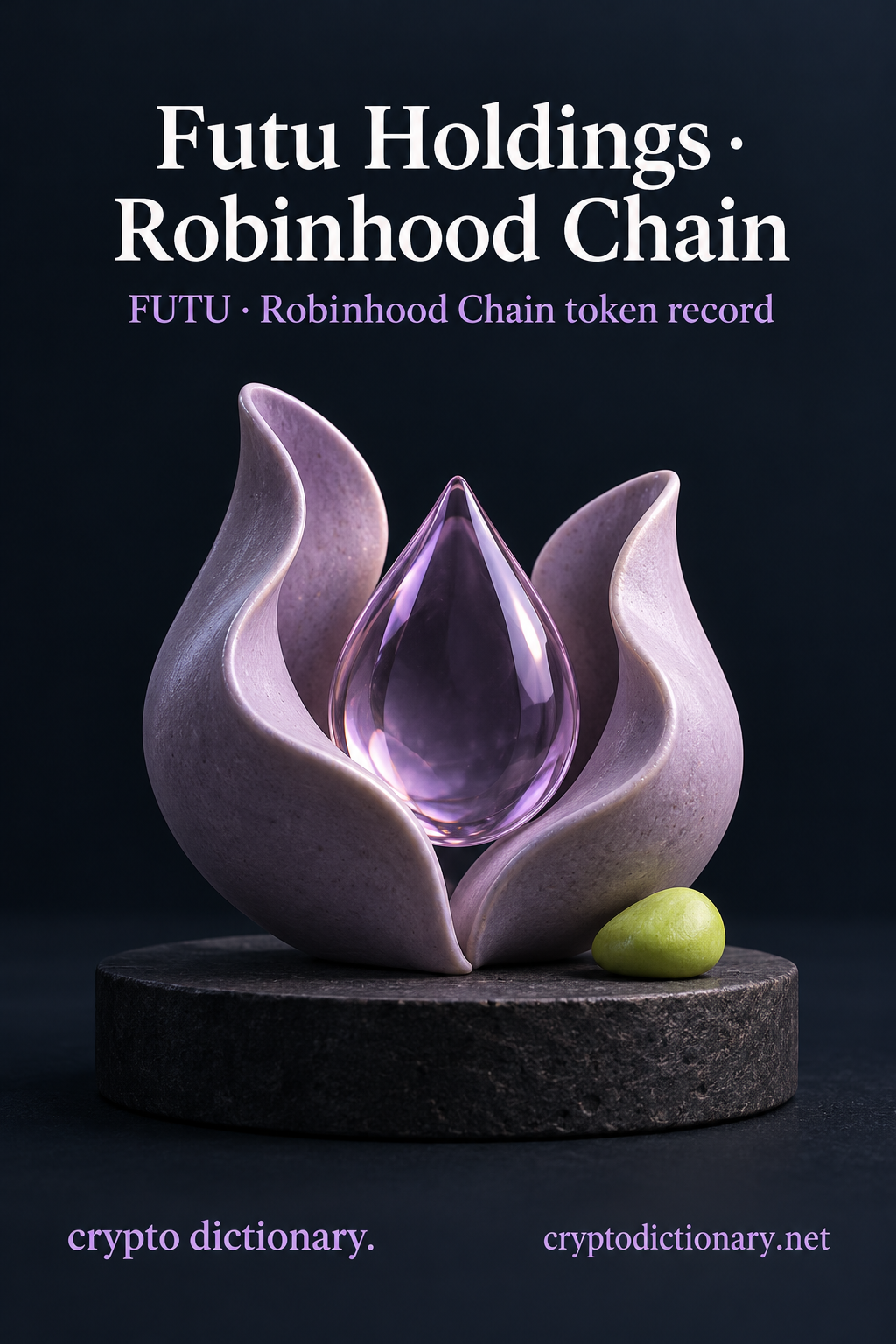Folded lilac ceramic petals holding glass teardrop beneath Futu Holdings · Robinhood Chain.