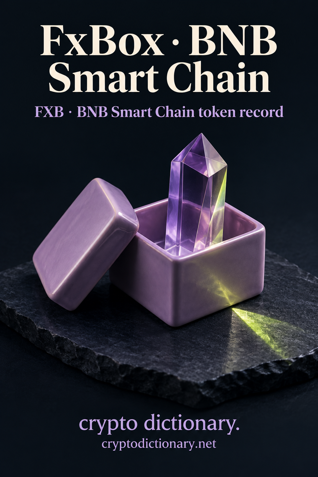 Lilac ceramic open box and leaned lid contain a faceted lilac glass prism, with lime refraction on navy slate, beneath FxBox · BNB Smart Chain.