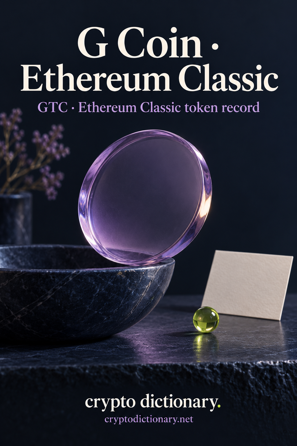 G Coin · Ethereum Classic above a plain lilac glass coin-shaped disc balanced on a dark stone bowl, lilac flowers, blank card and lime bead; GTC · Ethereum Classic token record with Crypto Dictionary footer.