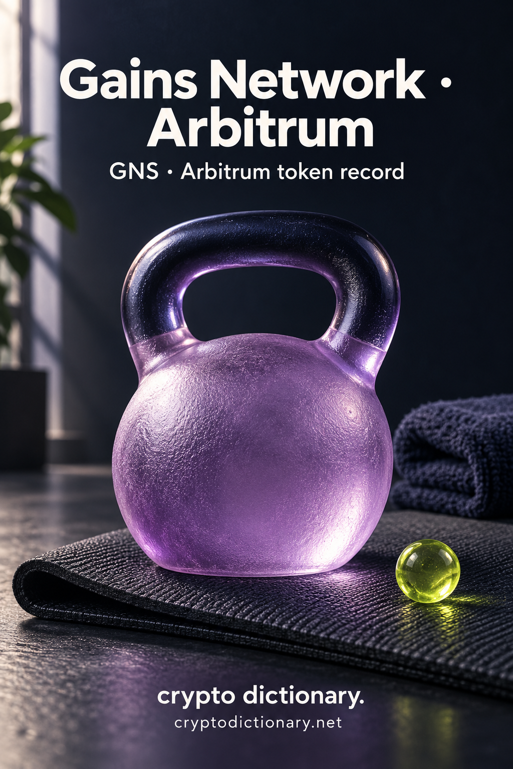 An invented lilac glass kettlebell with navy handle on folded dark mat beside lime bead and plain towel; Gains Network · Arbitrum registry artwork.