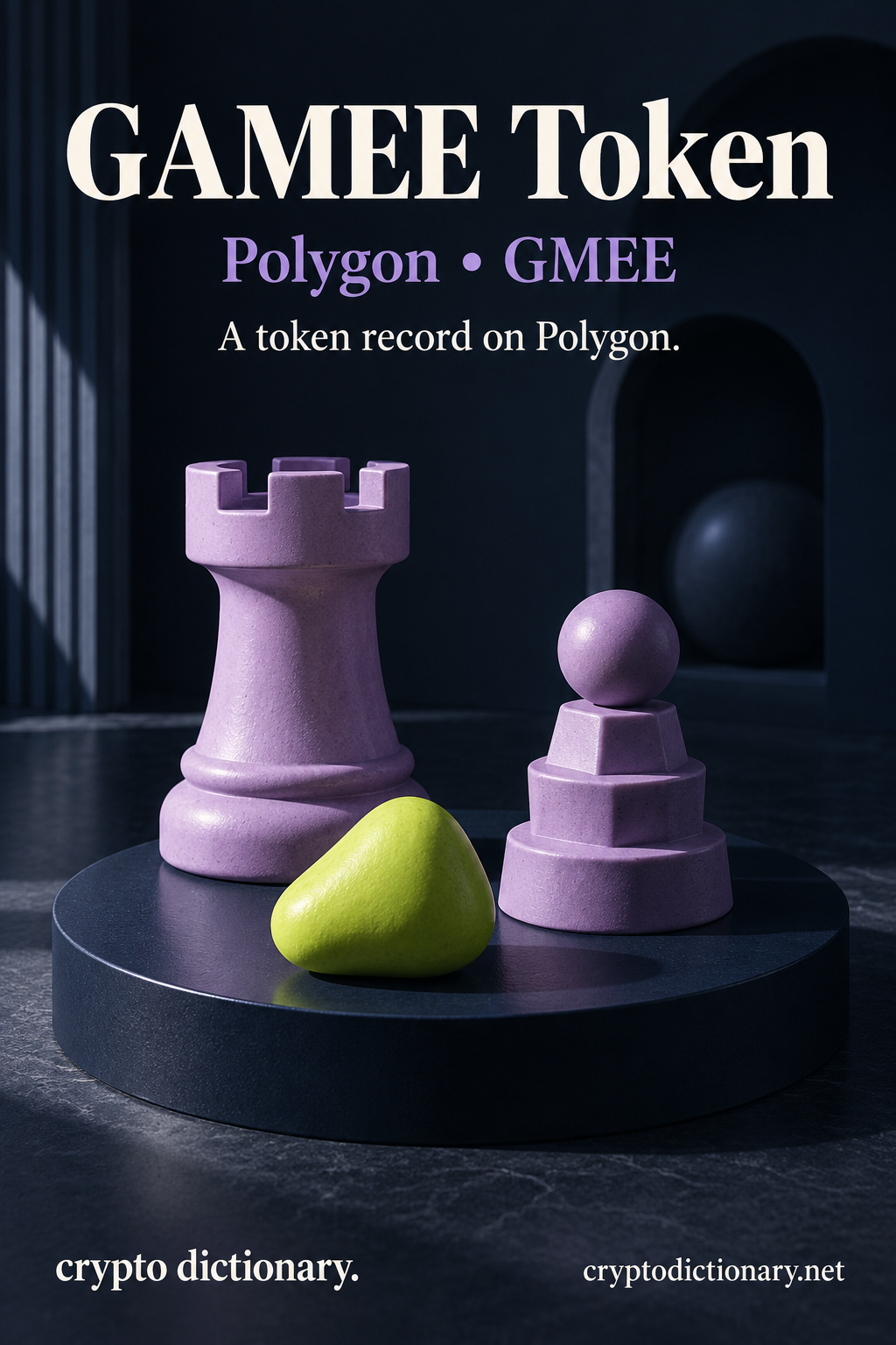 GAMEE Token registry illustration on Polygon with an original lilac ceramic tabletop game-piece set and one lime geometric piece on a navy circular display board.