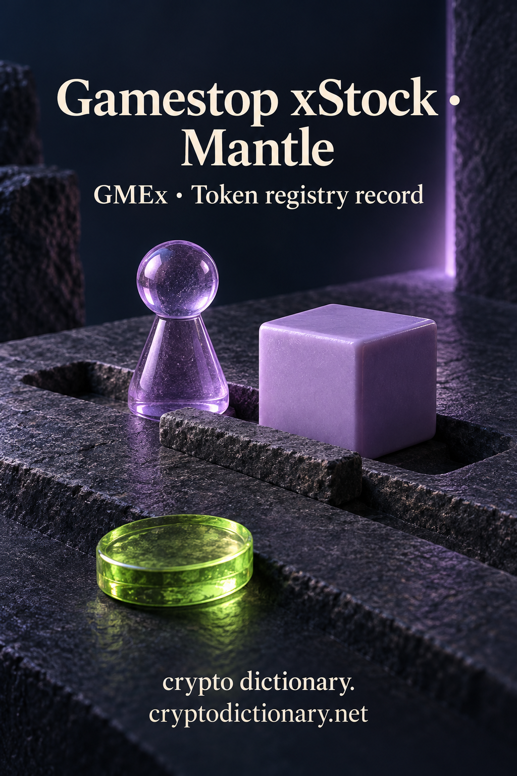Gamestop xStock on Mantle illustrated by an original blank lilac glass game-piece still life on dark stone, with neutral GMEx registry caption.
