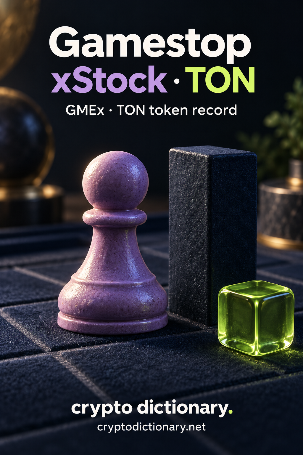 A lilac ceramic game pawn pauses beside a plain navy stop-block on a dark board with blank lime glass cube; Gamestop xStock · TON registry artwork.