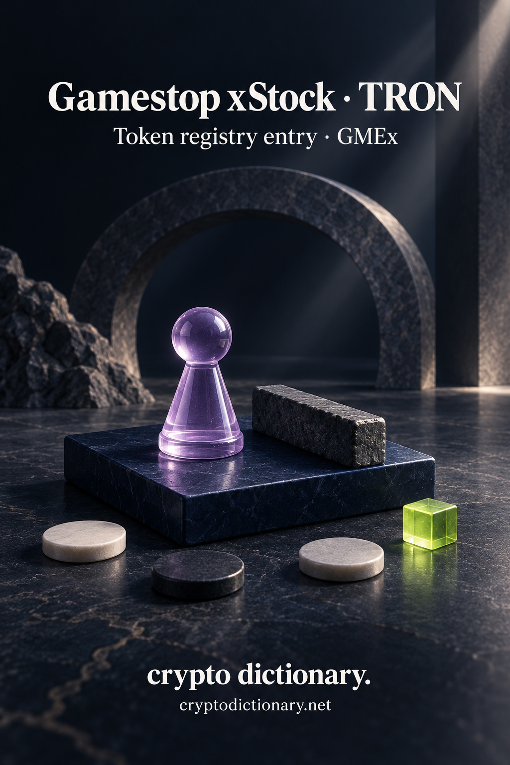 Lilac game pawn beside a stone stop-bar and blank playing pieces, titled Gamestop xStock · TRON.