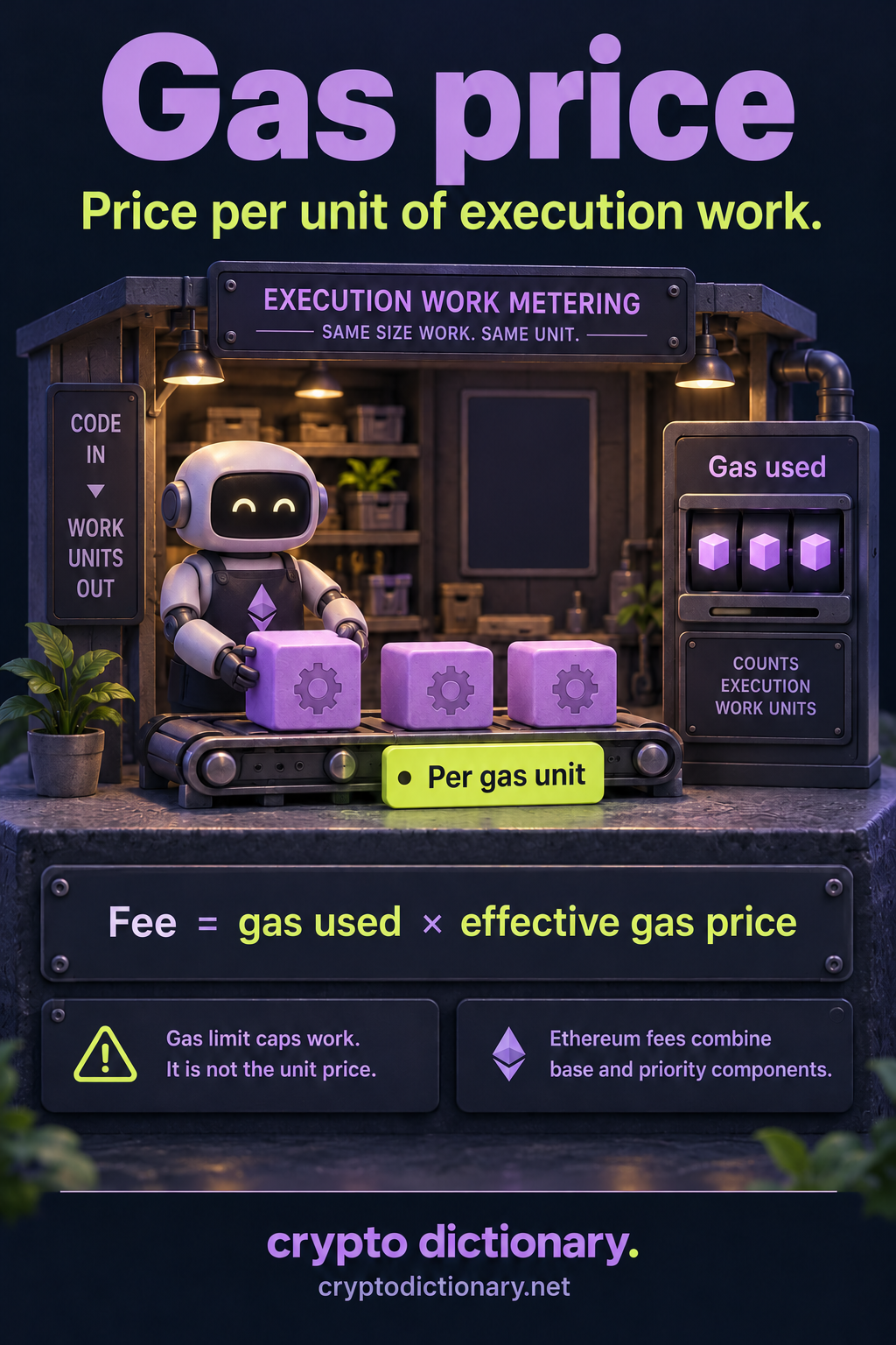Gas price: identical execution-work blocks next to a per-gas-unit price tag and a separate gas-used meter, with the effective transaction fee equation.