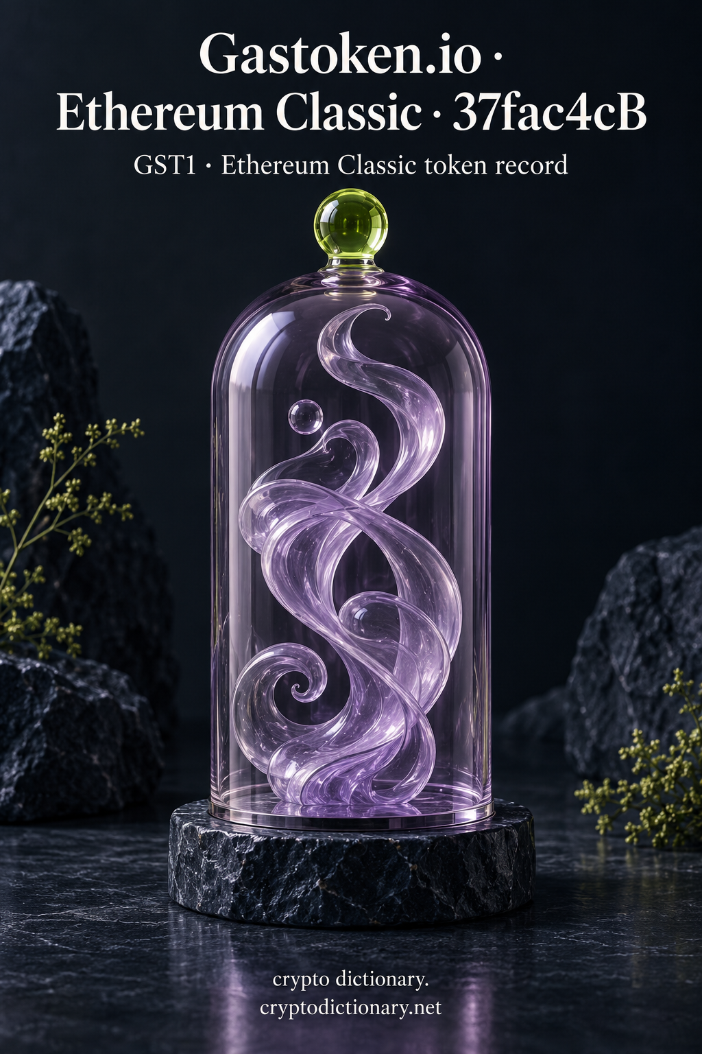 Gastoken.io · Ethereum Classic · 37fac4cB — original lilac glass name-inspired sculpture with accurate GST1 token record caption.