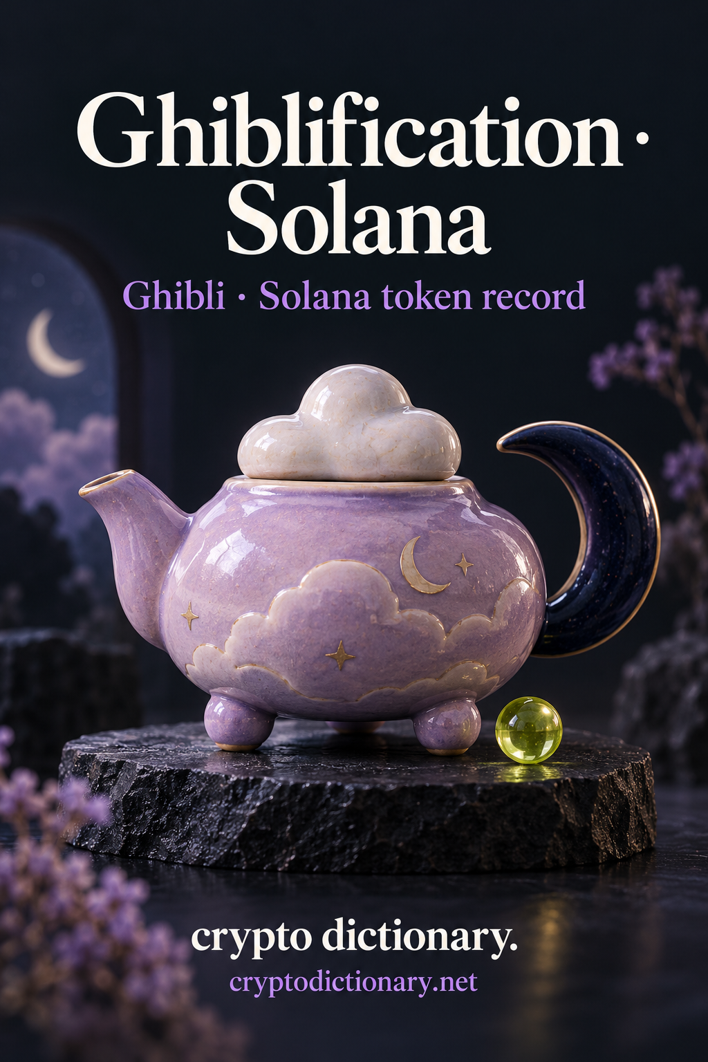 An invented lilac ceramic teapot with cloud lid, navy crescent handle and lime bead on slate; Ghiblification · Solana registry artwork.