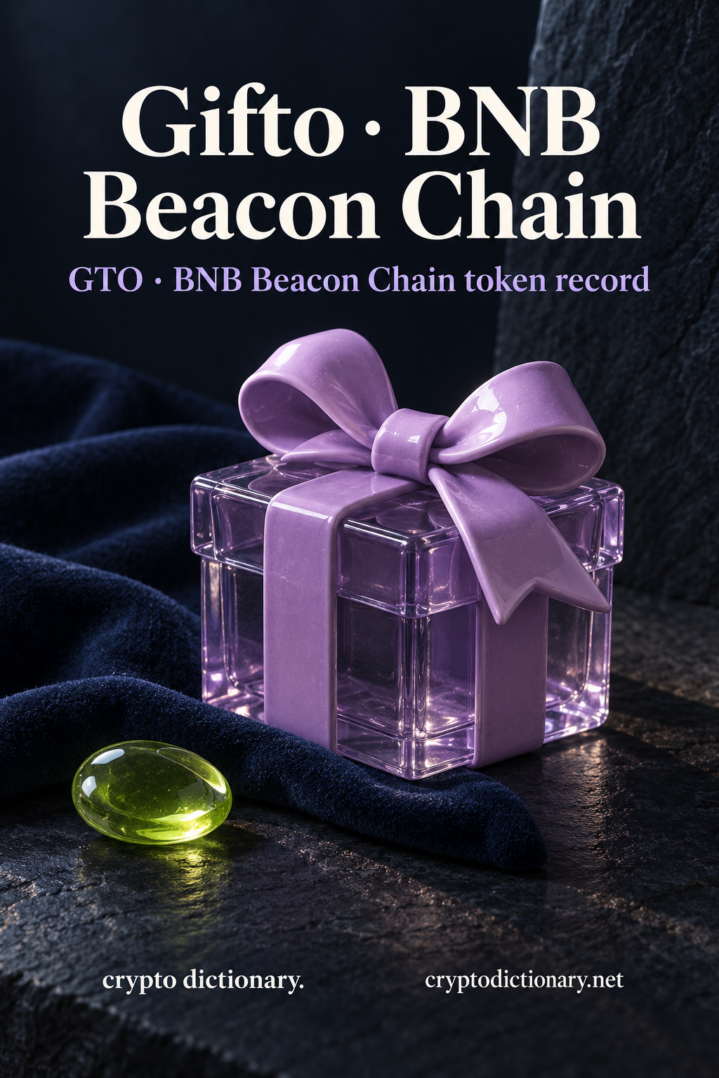 A blank lilac glass gift box with ceramic ribbon and asymmetric bow on navy cloth beside a lime pebble, beneath Gifto · BNB Beacon Chain and GTO token-record caption.
