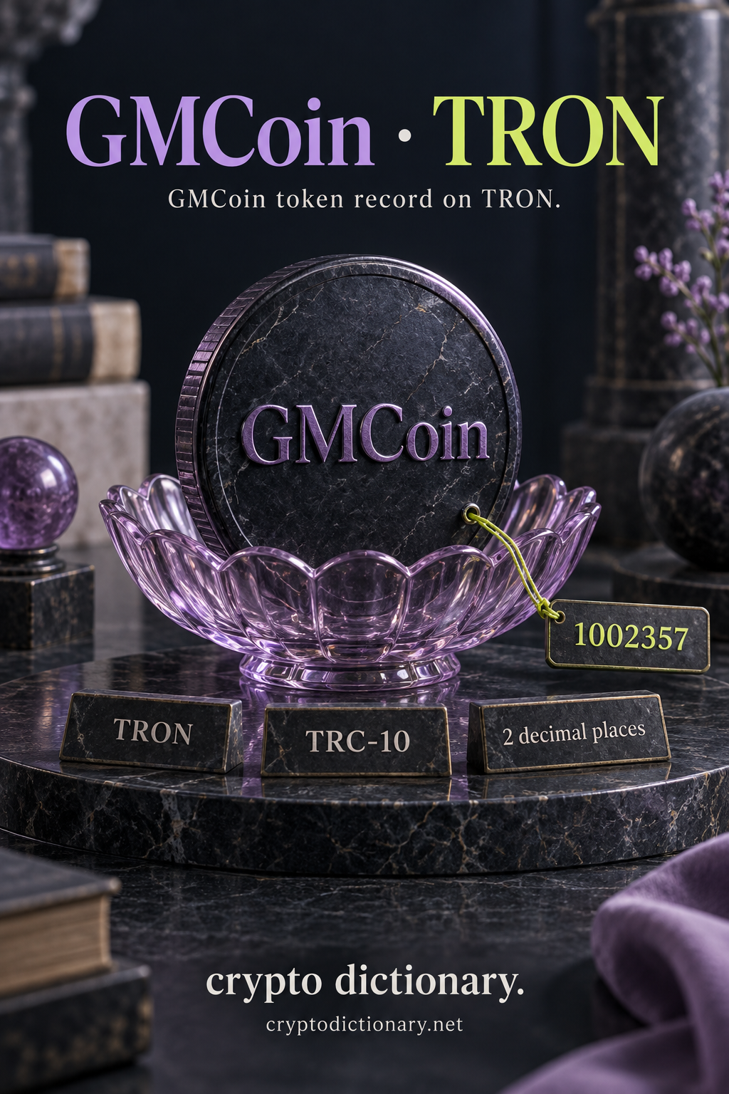 Original lilac glass catalog bowl holding a GMCoin specimen on navy stone, with TRON, TRC-10, two-decimal and numeric 1002357 identity labels.