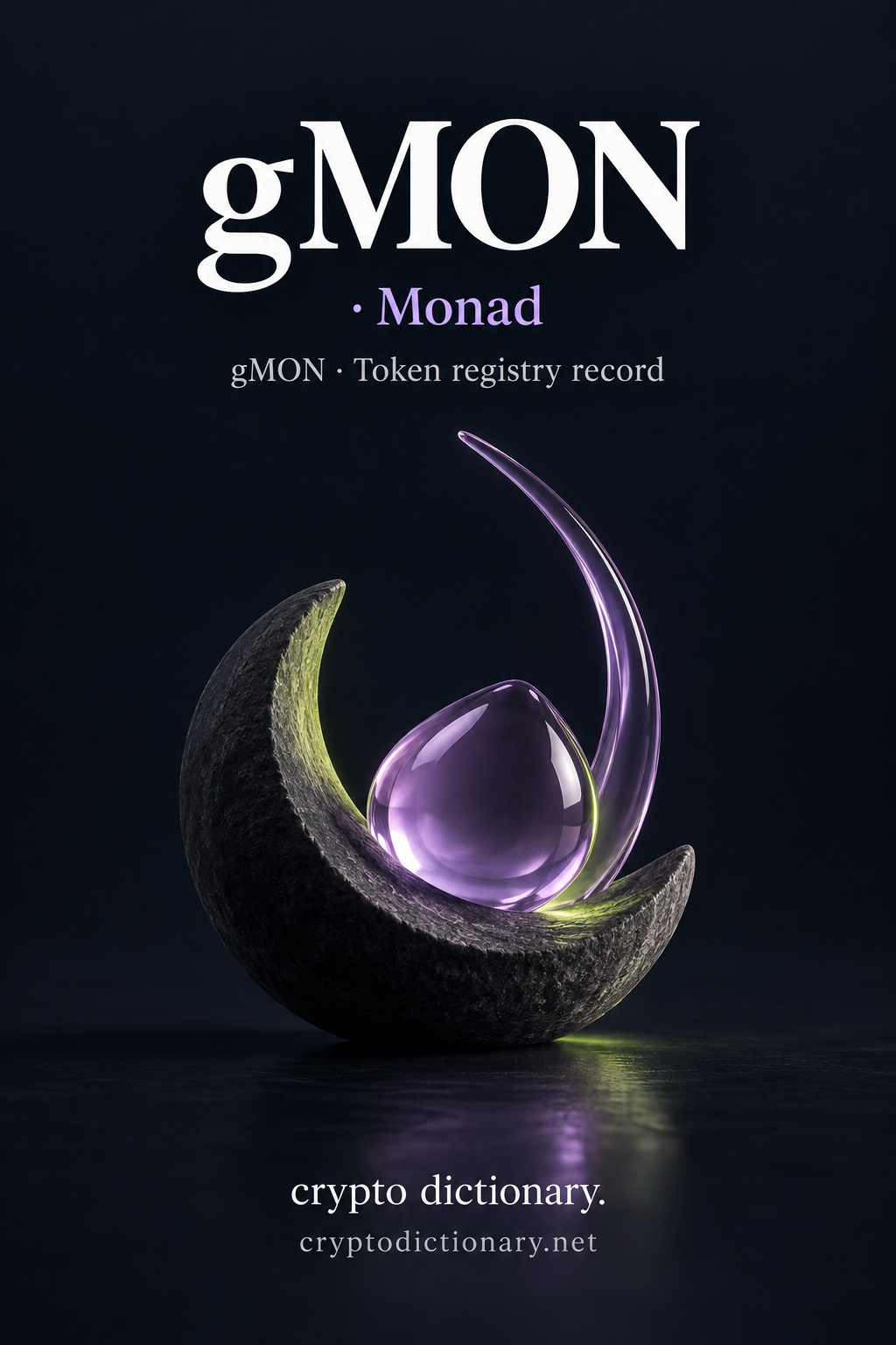 gMON · Monad token registry artwork with a lilac glass droplet in a dark crescent cradle, preserving exact lowercase g in the title and caption.