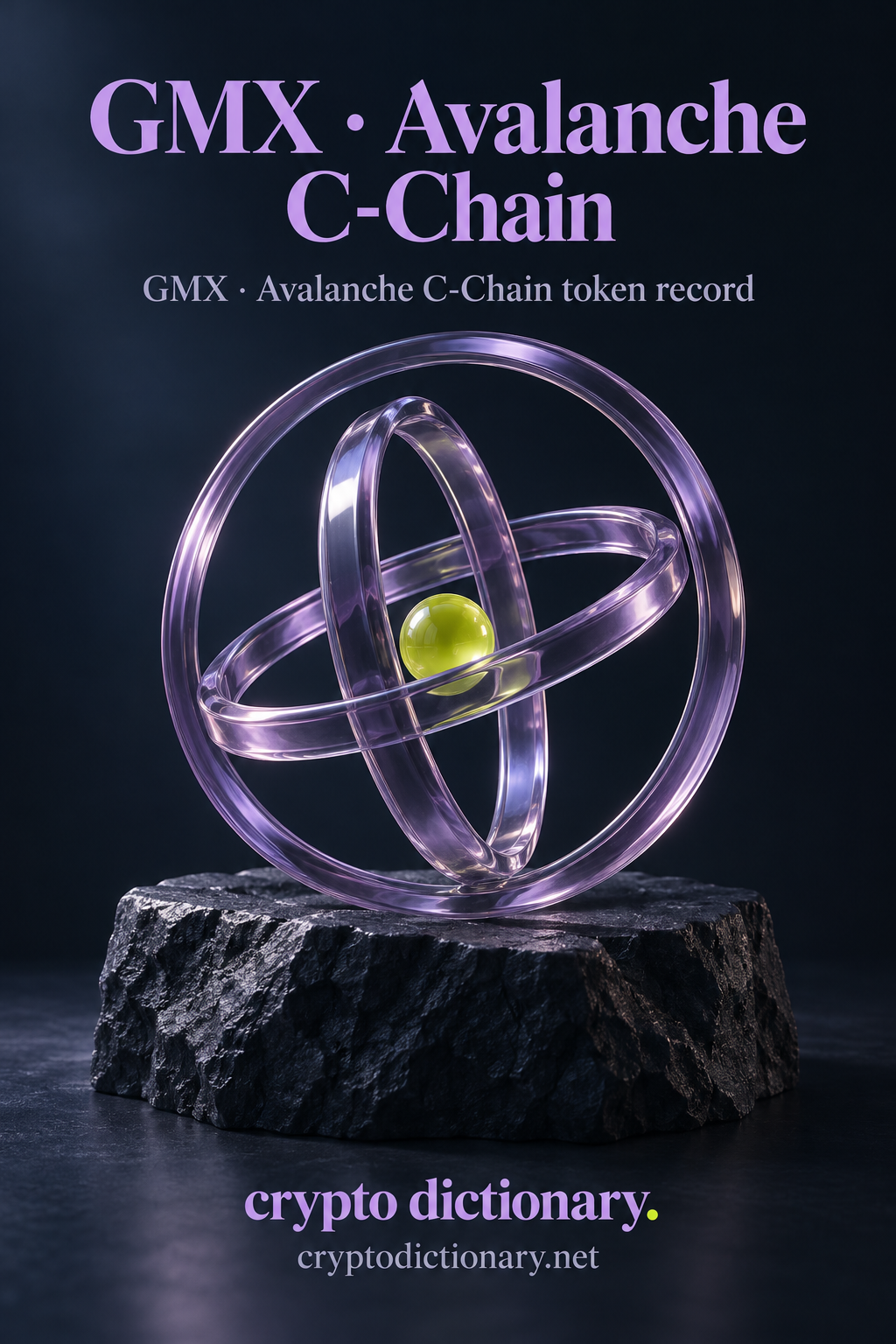 GMX · Avalanche C-Chain — original navy, lilac and lime sculptural token-registry illustration.