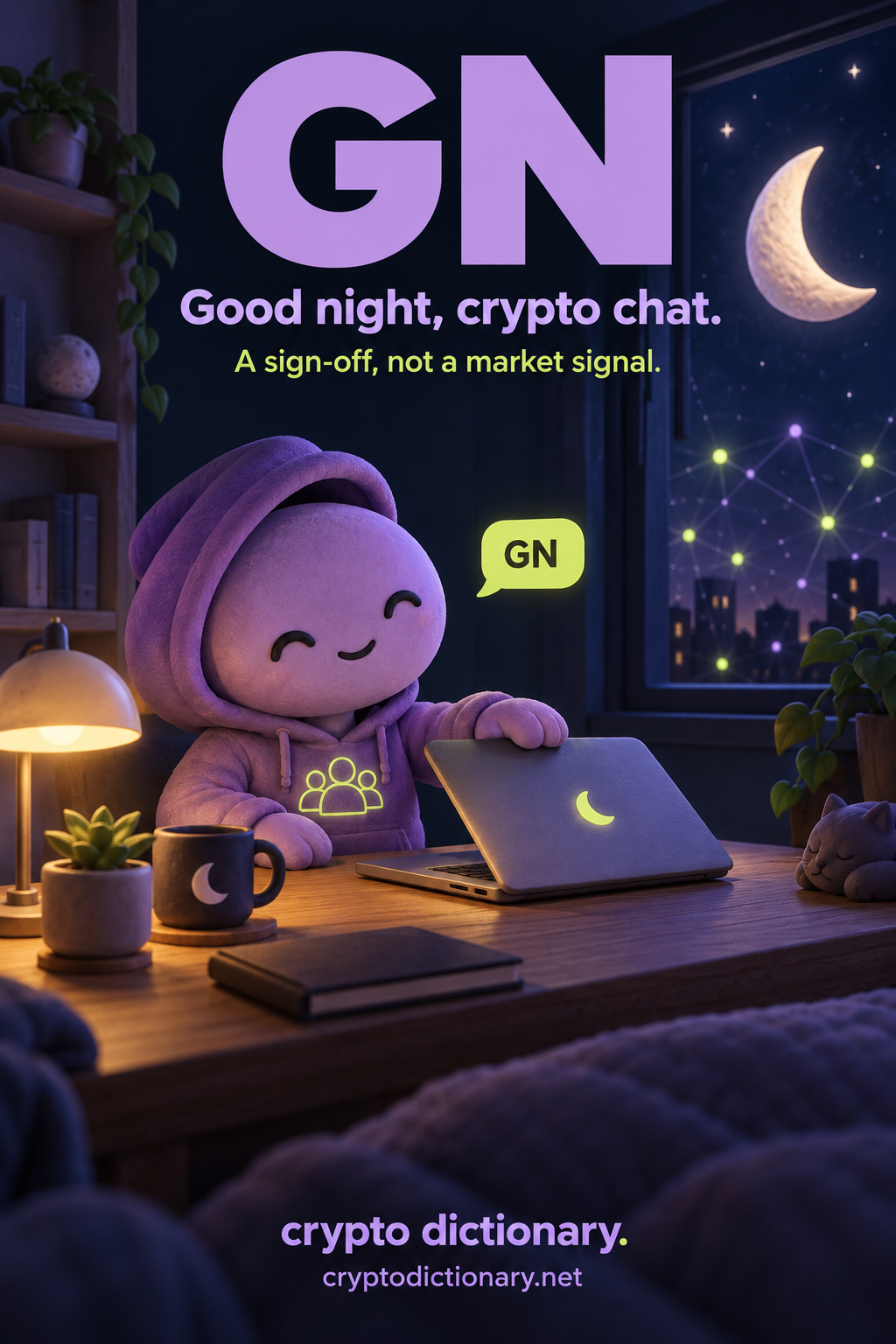 GN: a friendly lilac crypto-chat mascot closes a laptop at night while network dots remain visible outside.