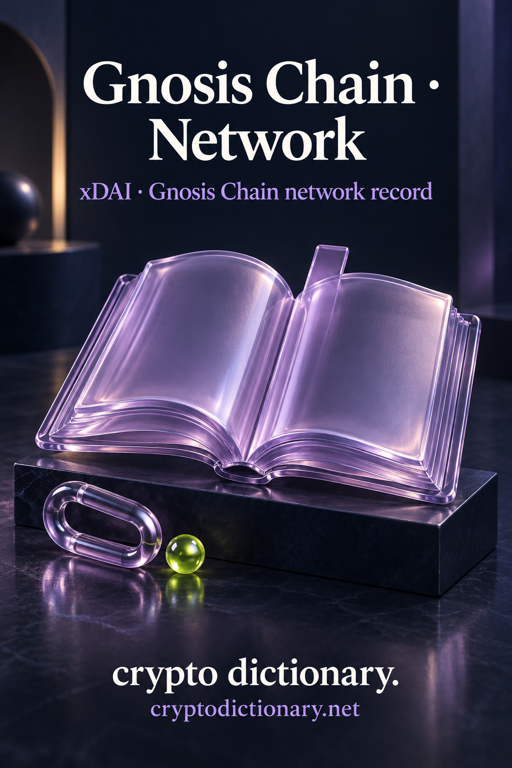 Blank lilac glass book, bookmark and loose oval link beneath Gnosis Chain · Network typography.