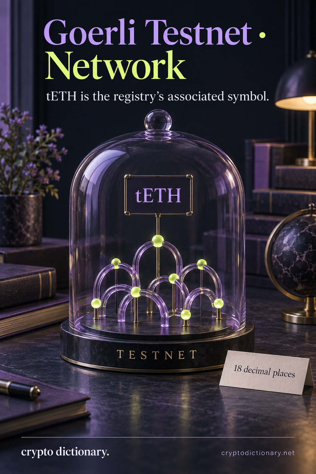 A tETH test-network model beneath a glass display canopy, with TESTNET base and eighteen-decimal precision.