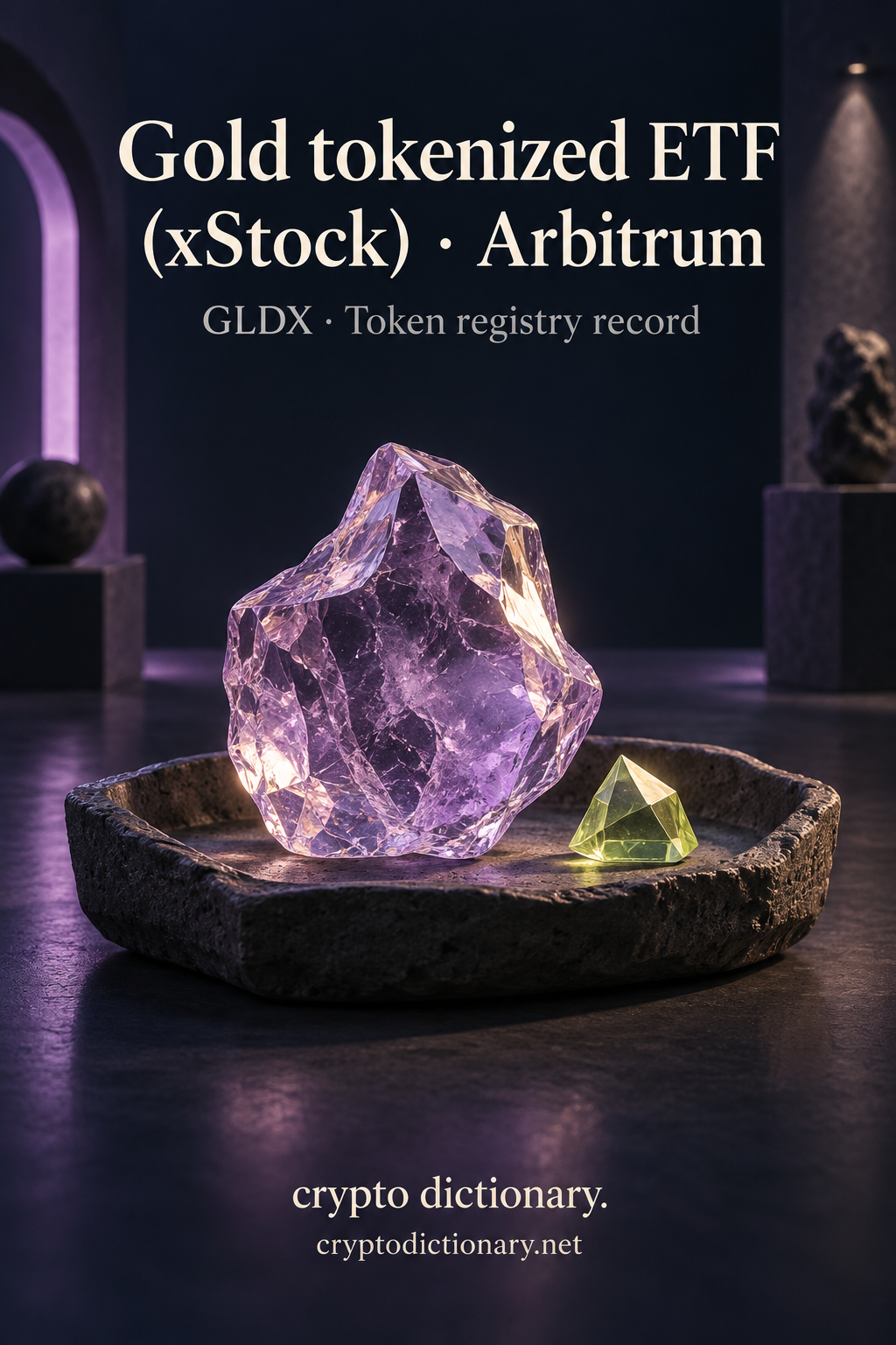 Lilac glass mineral nugget in a dark tray beneath Gold tokenized ETF (xStock) · Arbitrum.