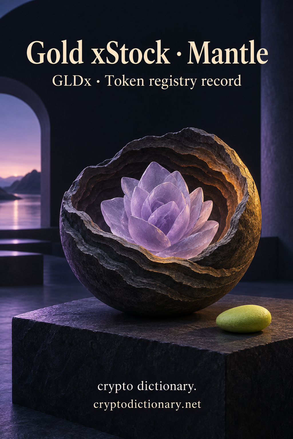 A lilac glass mineral rosette in a layered dark stone bowl for Gold xStock on Mantle.