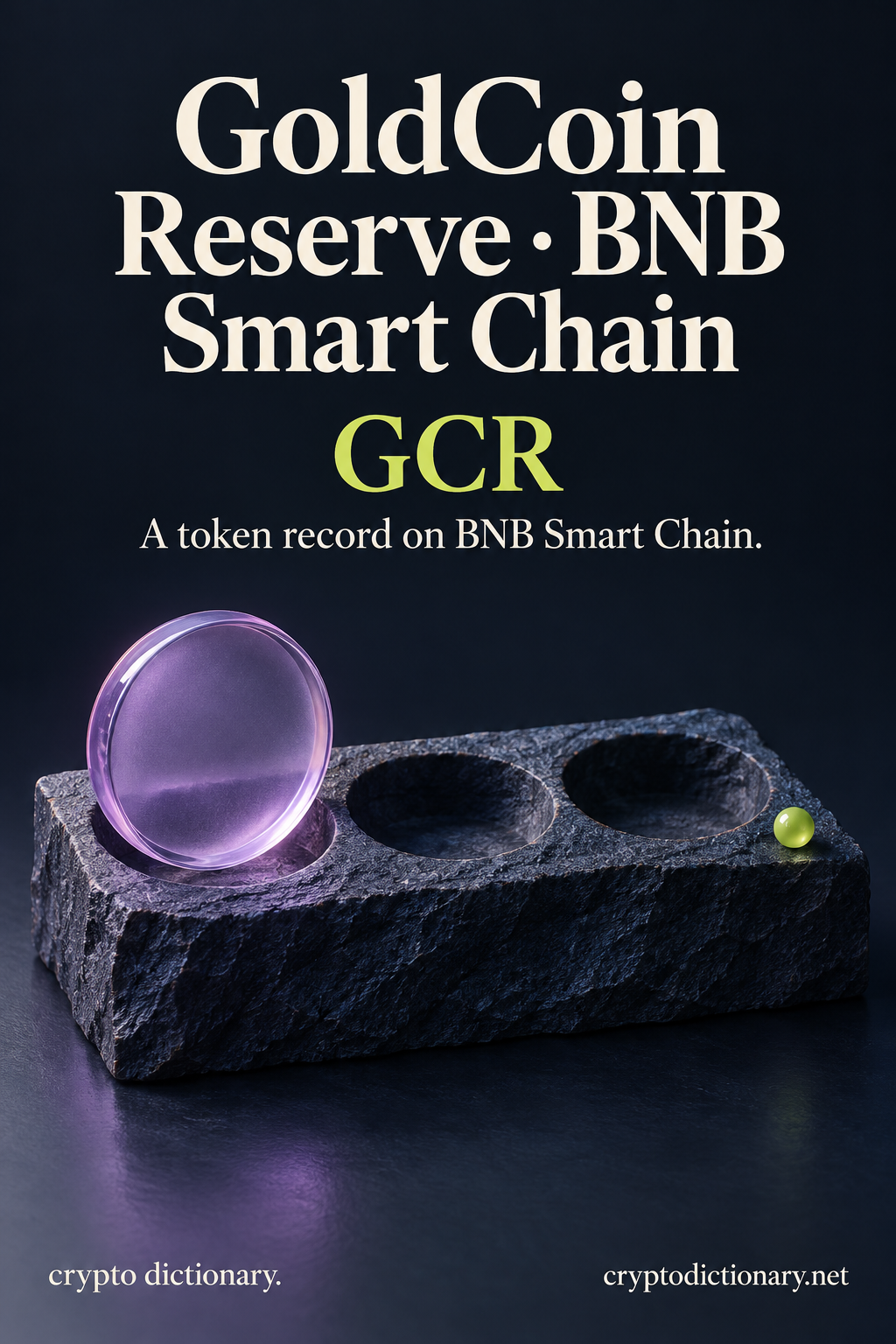GoldCoin Reserve · BNB Smart Chain (GCR) illustrated through an original physical name mnemonic; a token record on BNB Smart Chain.