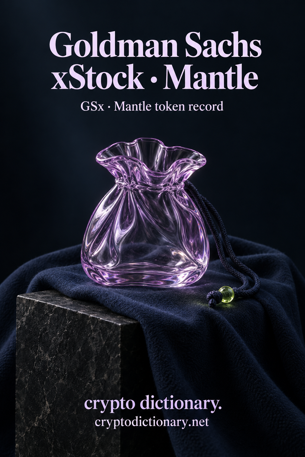 Actual original pixels inspected: exact full Goldman Sachs xStock · Mantle two-line heading and GSx · Mantle token record caption preserve lowercase x. Both complete footers inset and legible. Empty transparent lilac glass sack with open folded rim on navy wool mantle/stone, plain cord/lime bead is sacks/mantle name mnemonic only; no money/gold contents, official company emblem, banking function, equity ownership, backing, return or authenticity claim. Physical props plain; full source identity only manifest/binding.