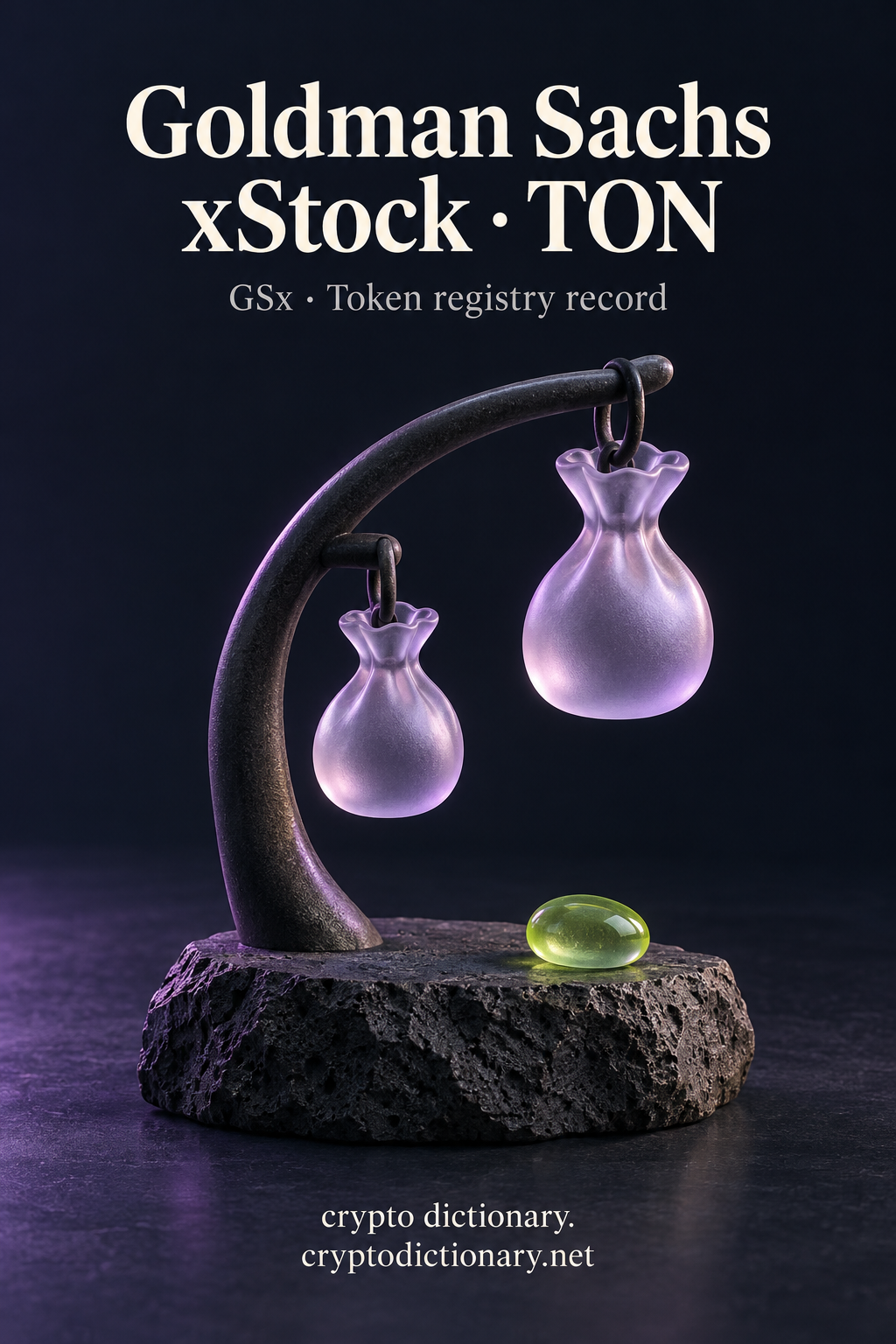 Two blank lilac glass pouches on a dark ceramic rail beneath Goldman Sachs xStock · TON.