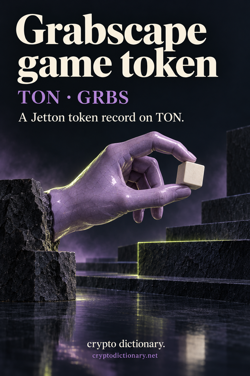 A glazed lilac hand gently holds a plain ivory cube above a stepped basalt landscape with a lime edge, labeled Grabscape game token, TON and GRBS.
