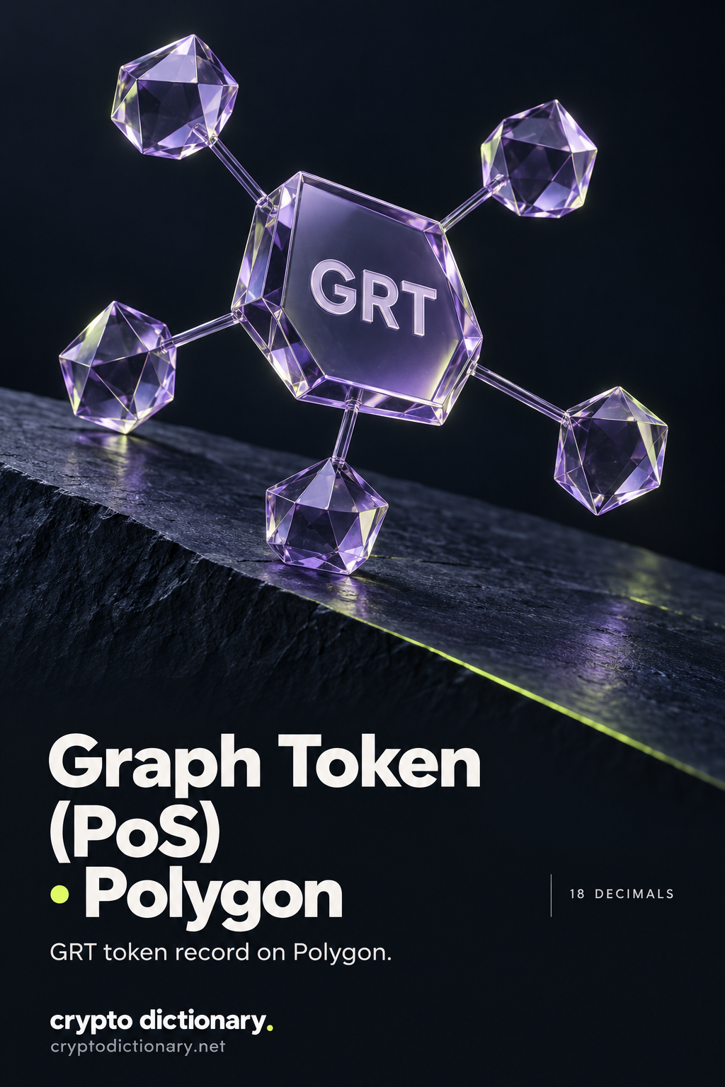 GRT registry tile in an original five-vertex lilac graph sculpture, titled Graph Token (PoS) · Polygon, with 18 decimals.