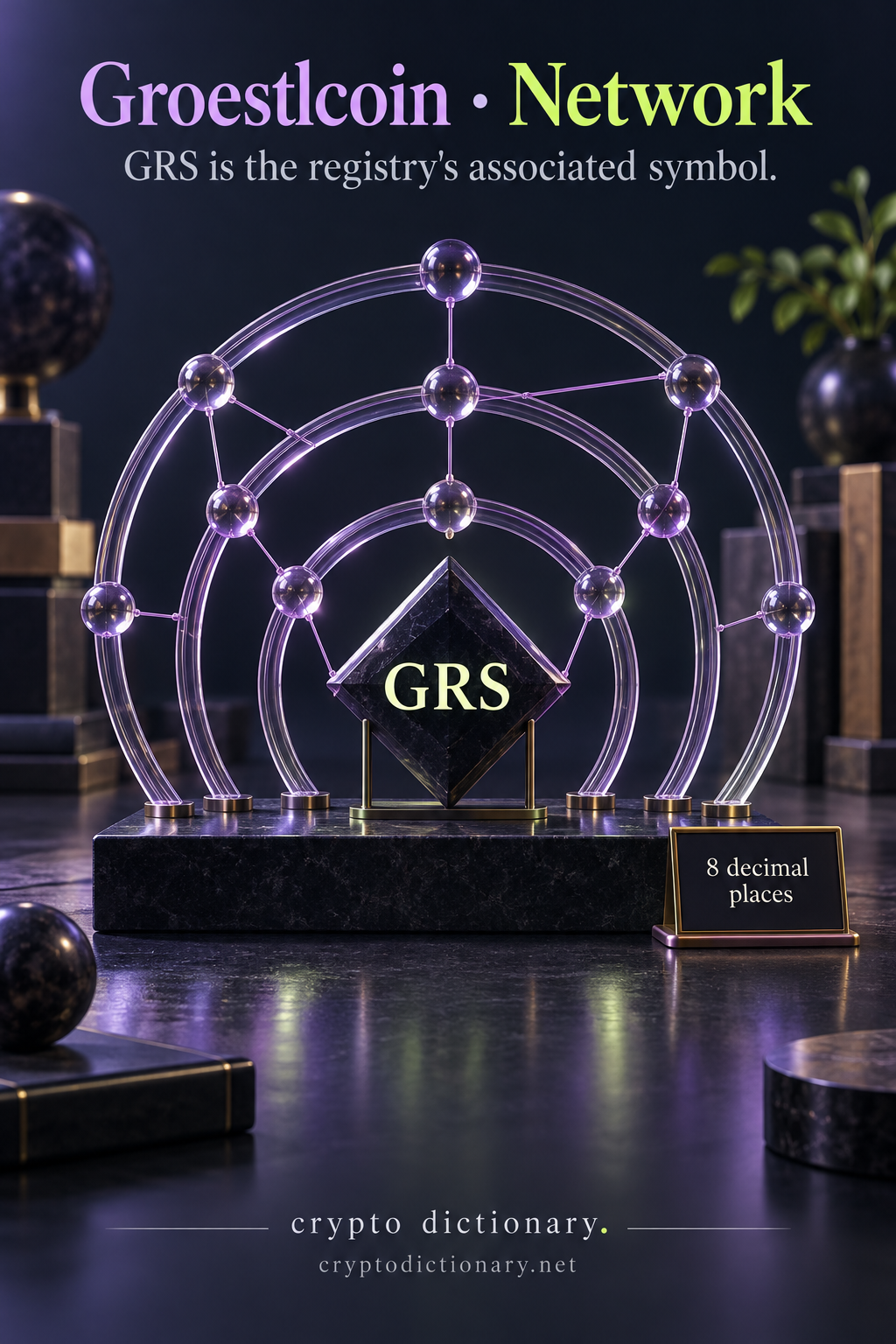 Concentric lilac network arcs with GRS specimen plate and eight-decimal precision card.