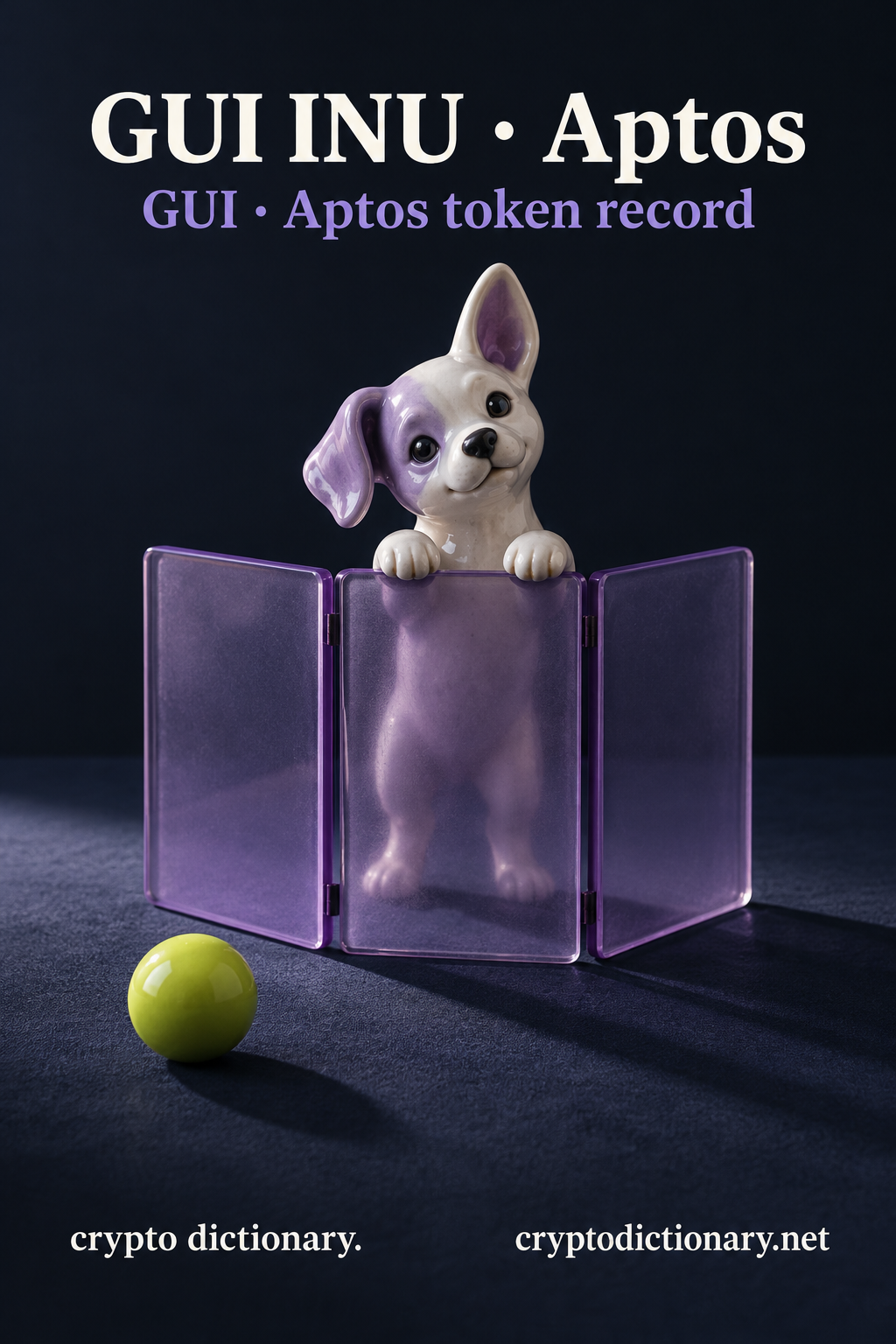 A small original ceramic dog with one floppy and one upright ear peeks over plain lilac glass folding panels beside a lime ball, beneath GUI INU · Aptos and the GUI token-record caption.